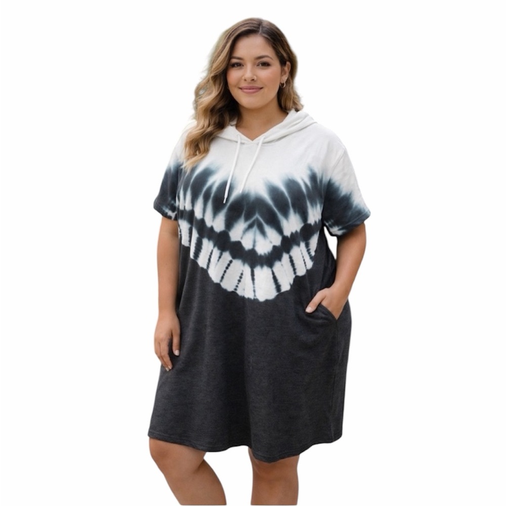New! Lane Bryant Livi Tie Dye Hoodie Sweatshirt Dress Gray White Short Sleeve